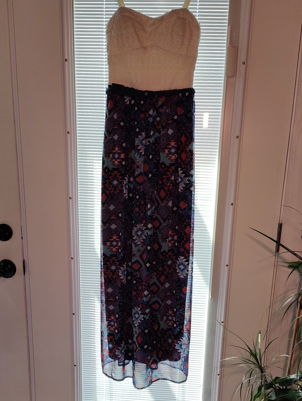 Lily Rose Sz Navy Multi Aztec Adjustable Spaghetti Straps Maxi Dress WM1